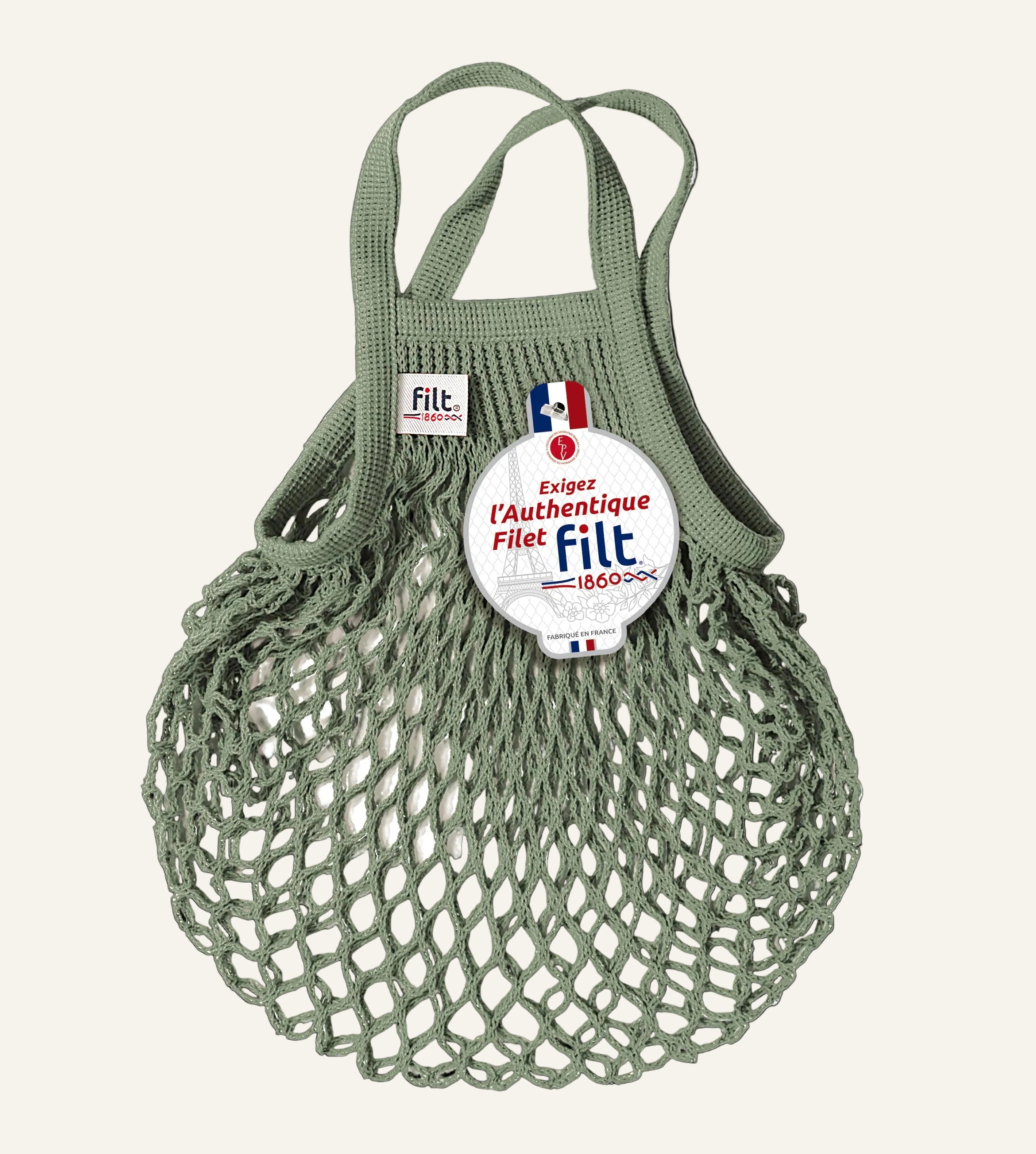 Green mesh shopping bag with Filt logo on a white background
