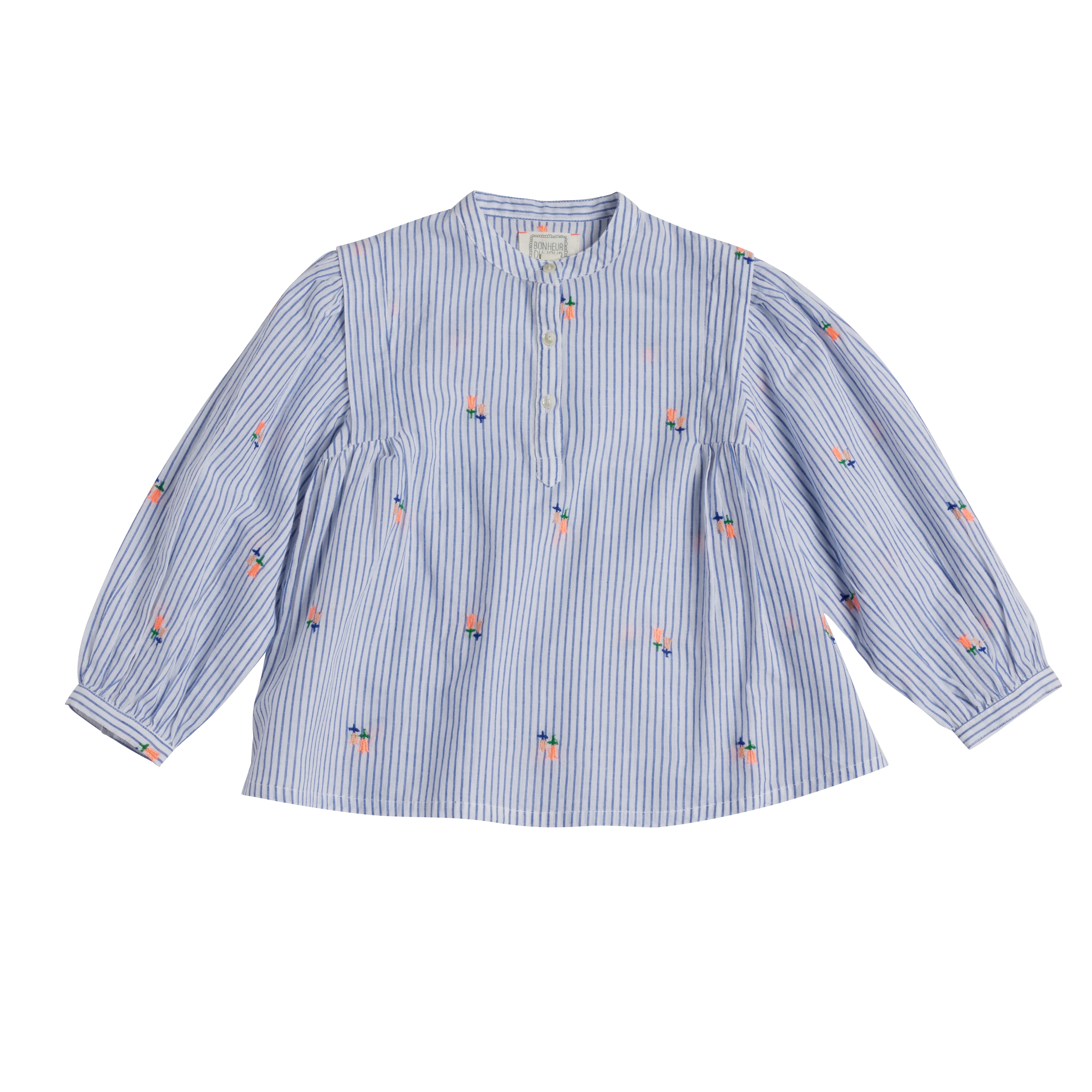 Blue and white striped shirt with small colorful patterns on a white background
