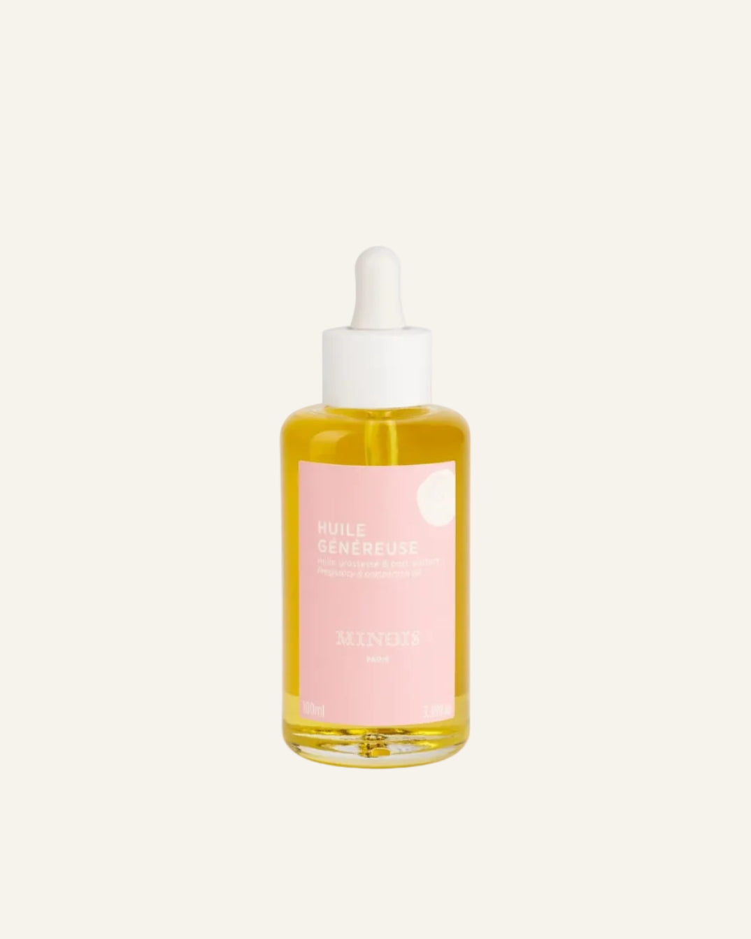 A small glass dropper bottle filled with golden-yellow oil, featuring a pale pink label with white text and a white dropper cap, centered on a clean white background.