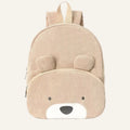 A beige corduroy children's backpack shaped like a bear face, featuring a front zippered pocket with embroidered eyes and nose, and padded shoulder straps, shown on a white background.