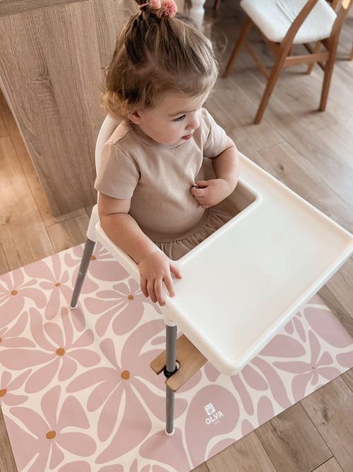 Kids Mealtime Floor Mat, Non-Slip & Waterproof - Daisy Pink