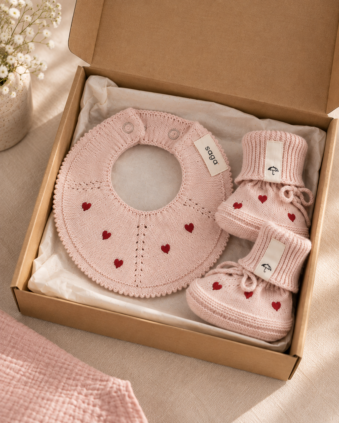 A baby gift set in a kraft paper box, featuring a light pink knitted bib with red heart details and a matching pair of booties, both with white brand tags reading 'sofa'.
