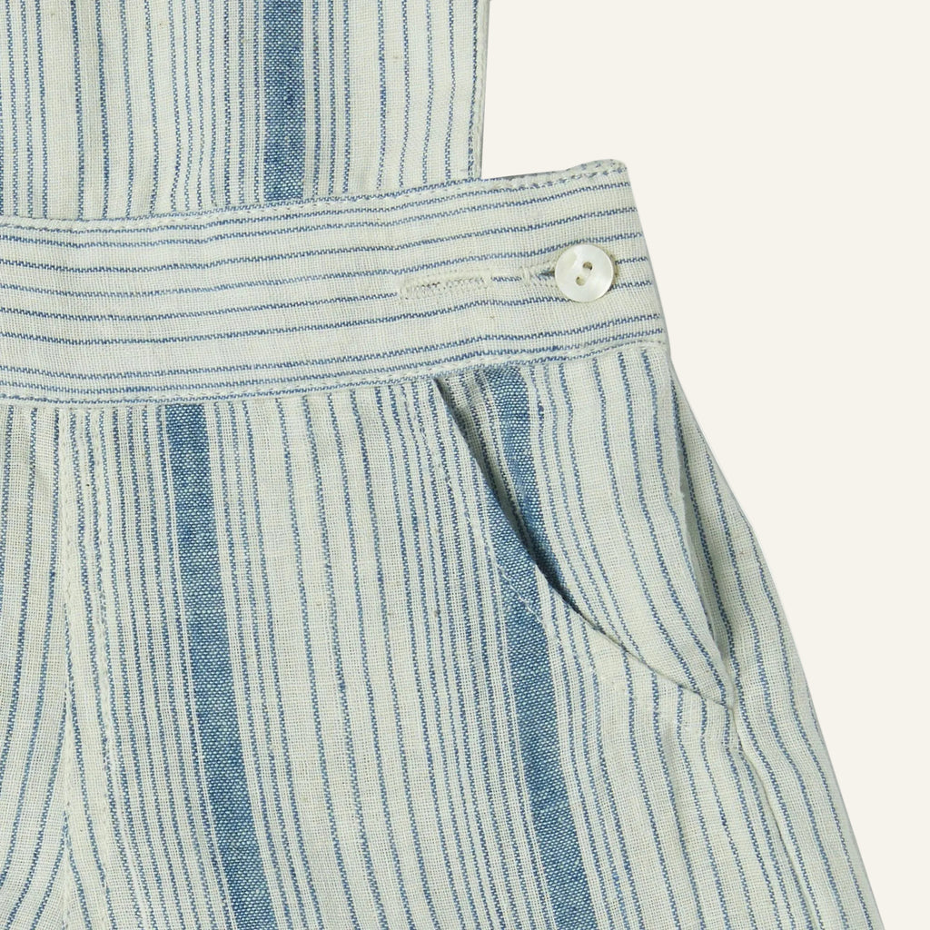 Close-up of a blue and white striped fabric with a button on a white background