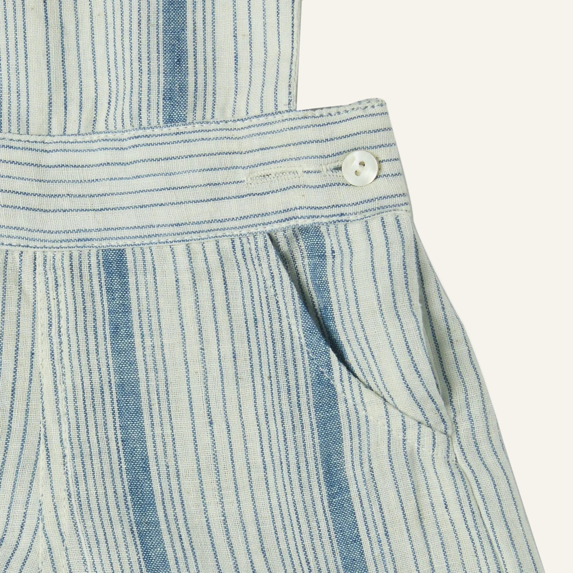 Close-up of a blue and white striped fabric with a button on a white background